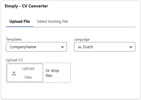 Upload File tab: select a template, language, and upload the CV
